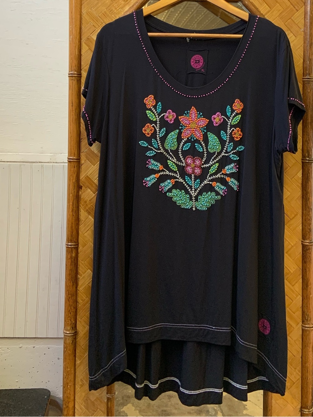 Double D Ranch Black top with Colorful Embroidered Floral Motif XL
